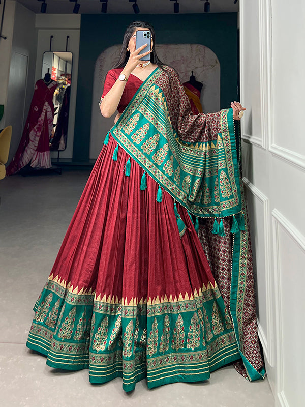 Red Maroon Tussar Silk With Foil Print Lehenga Choli