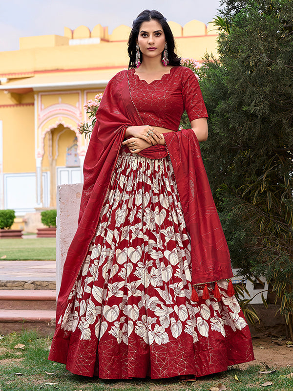 Red Tussar Silk With Foil Print Lehenga Choli With Dupatta