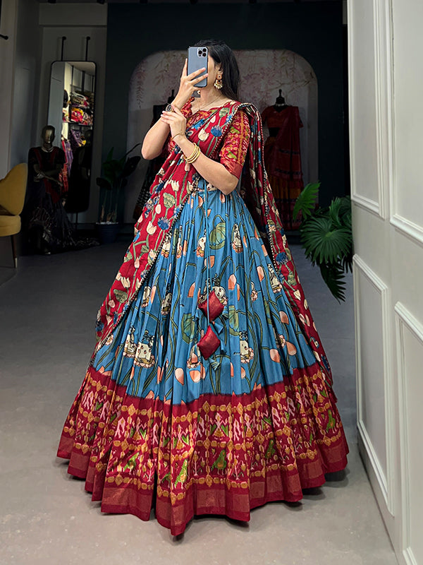 Firozi Tussar Silk With Patola Print Lehenga Choli With Dupatta