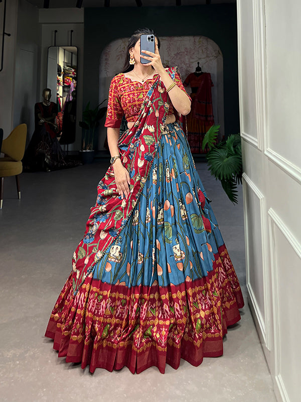 Firozi Tussar Silk With Patola Print Lehenga Choli With Dupatta