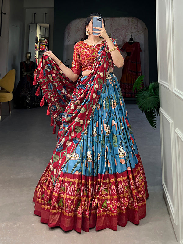 Firozi Tussar Silk With Patola Print Lehenga Choli With Dupatta