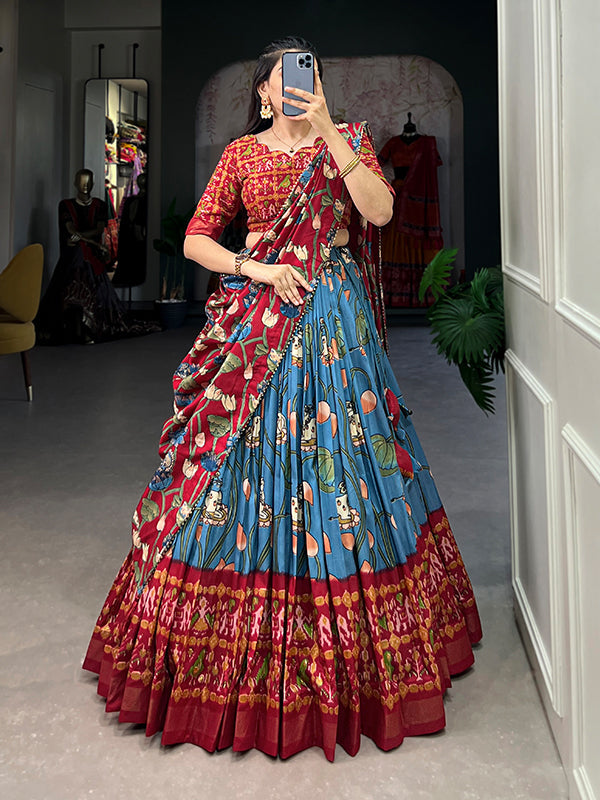 Firozi Tussar Silk With Patola Print Lehenga Choli With Dupatta