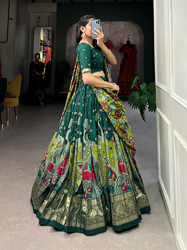 Green Tussar Silk With Kalamkari Print Lehenga Choli With Dupatta