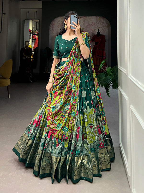 Green Tussar Silk With Kalamkari Print Lehenga Choli With Dupatta