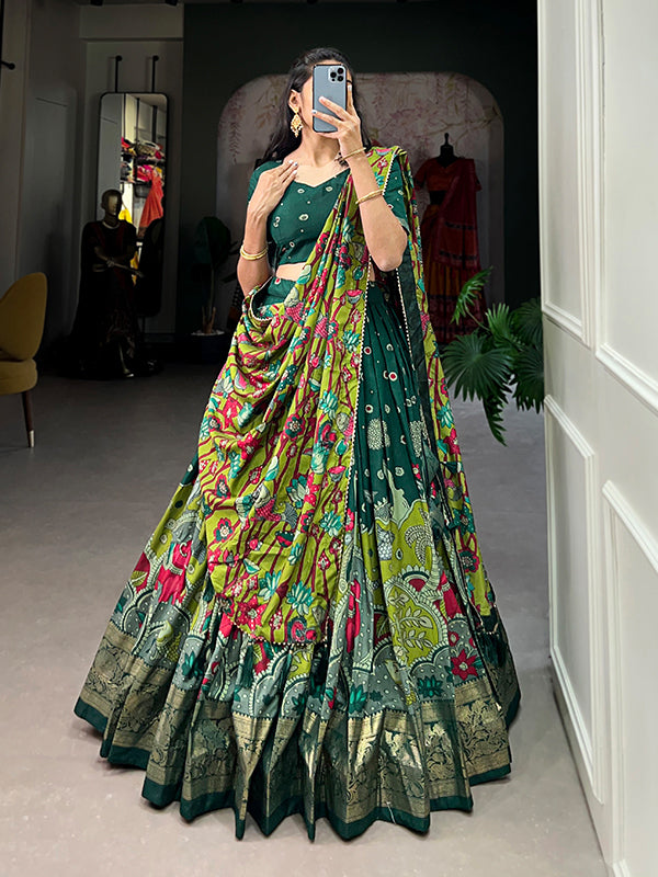 Green Tussar Silk With Kalamkari Print Lehenga Choli With Dupatta