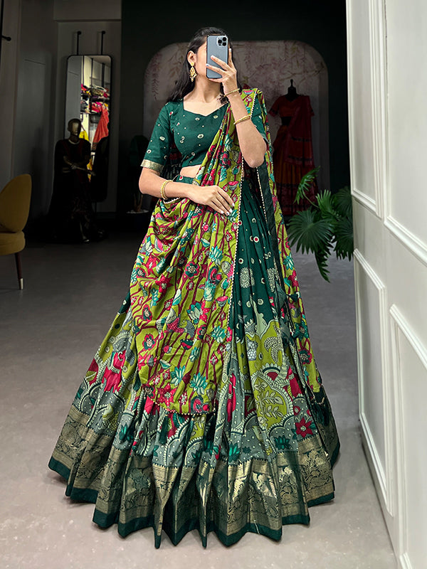 Green Tussar Silk With Kalamkari Print Lehenga Choli With Dupatta