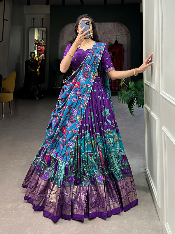 Purple Tussar Silk With Kalamkari Print Lehenga Choli With Dupatta