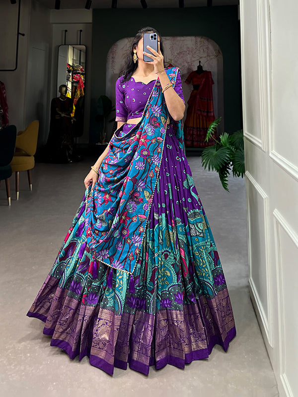 Purple Tussar Silk With Kalamkari Print Lehenga Choli With Dupatta