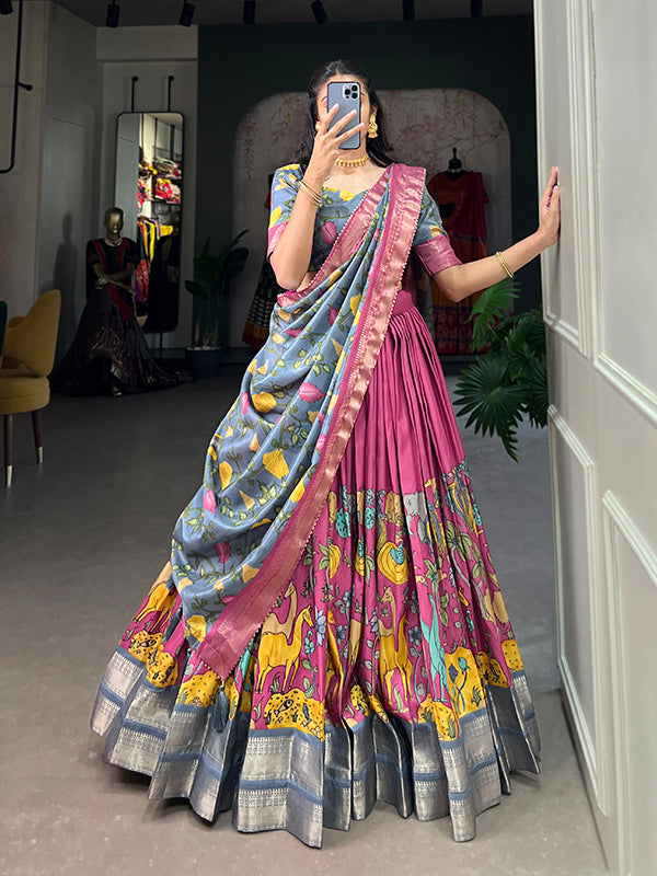 Pink Dola Silk With Kalamkari Print Lehenga Choli With Dupatta