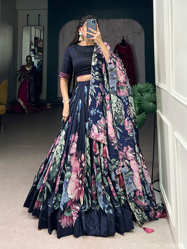 Navy Blue Tussar Silk With Foil Print Lehenga Choli With Dupatta