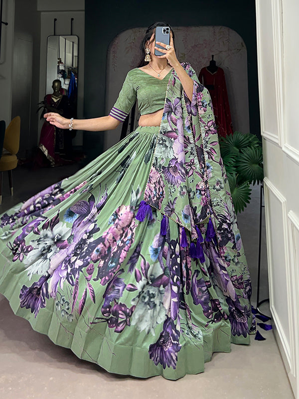 Pista Tussar Silk With Foil Print Lehenga Choli With Dupatta