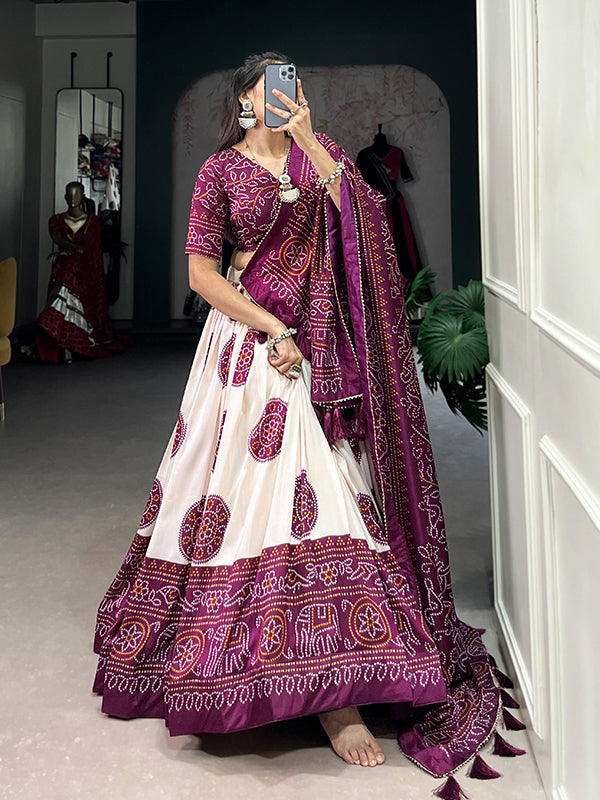 Wine Tussar Silk With Bandhej Print Lehenga Choli With Dupatta