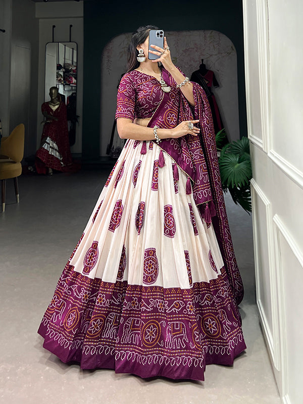 Wine Tussar Silk With Bandhej Print Lehenga Choli With Dupatta