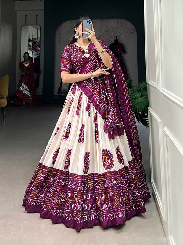 Wine Tussar Silk With Bandhej Print Lehenga Choli With Dupatta