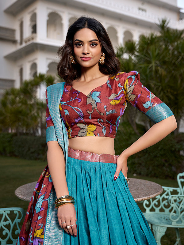 Firozi Kalamkari Print Silk Lehenga Choli With Dupatta