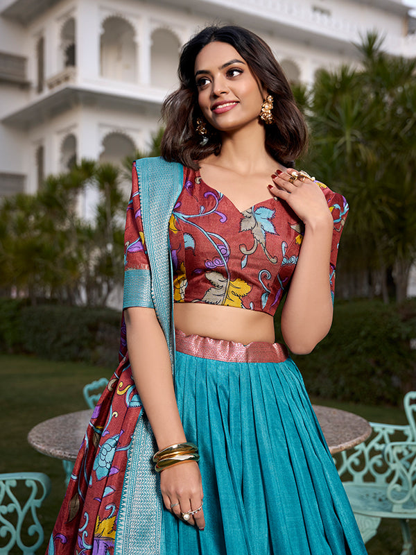 Firozi Kalamkari Print Silk Lehenga Choli With Dupatta