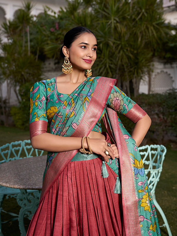 Red Kalamkari Print Silk Lehenga Choli With Dupatta