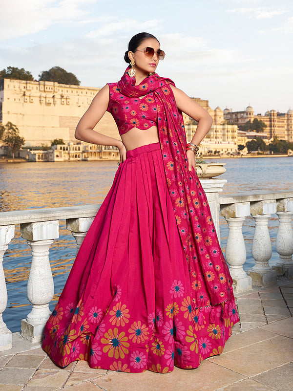 Flower Print Pink Silk Lehenga Choli With Dupatta