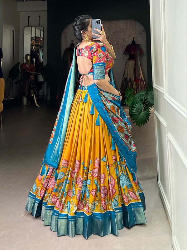 Kalamkari Print Yellow Dola Silk Lehenga Choli With Dupatta