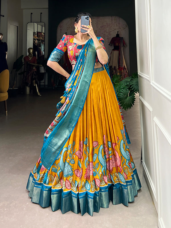 Kalamkari Print Yellow Dola Silk Lehenga Choli With Dupatta