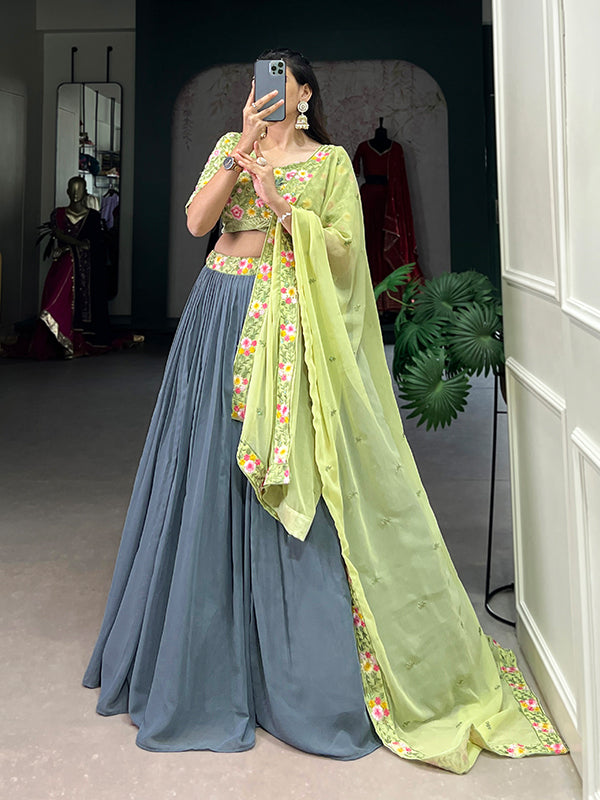 Grey Georgette Embroidered Lehenga Choli With Dupatta