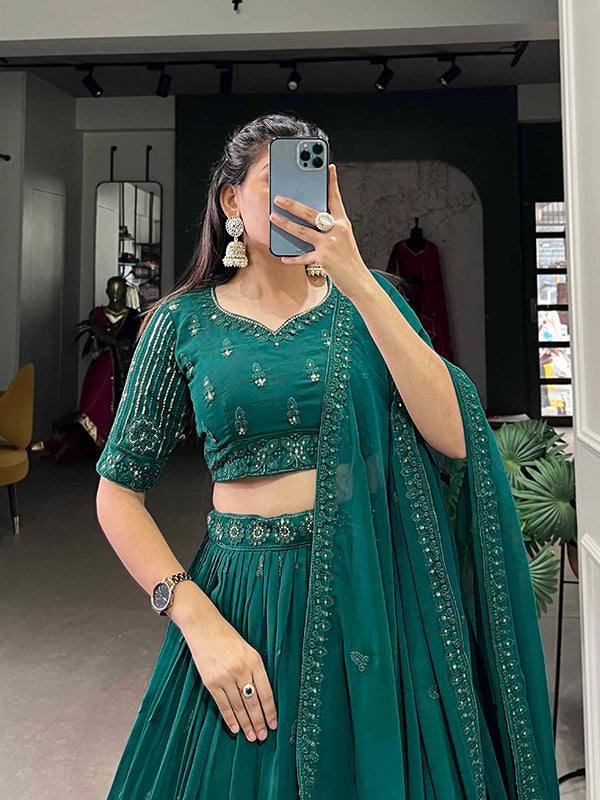 Green Georgette Embroidered Lehenga Choli With Dupatta