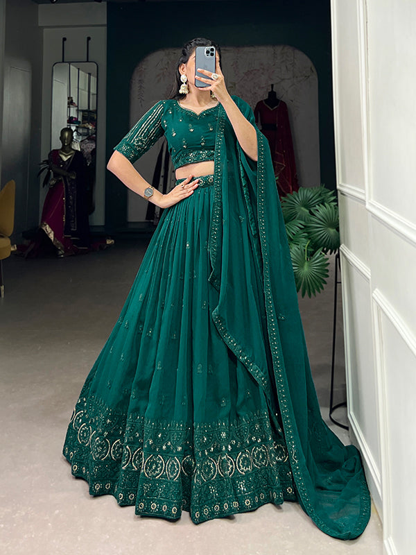 Green Georgette Embroidered Lehenga Choli With Dupatta