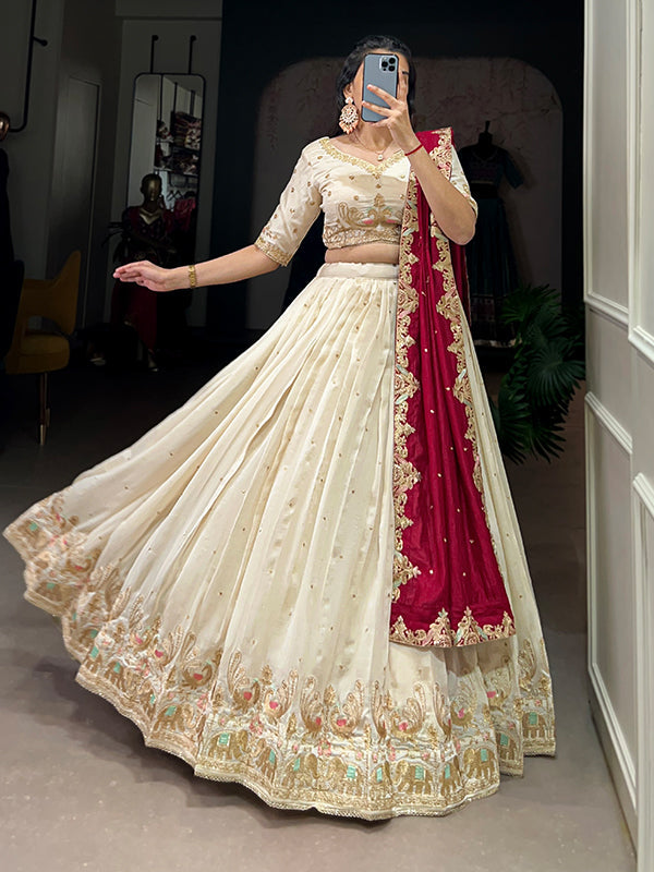 Off White Vichitra Silk With Sequins Embroidered Lehenga Choli