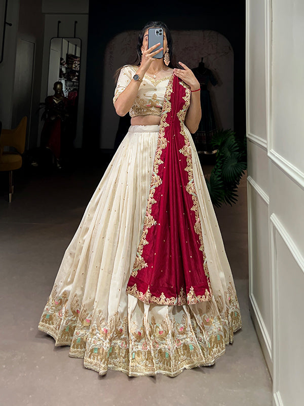 Off White Vichitra Silk With Sequins Embroidered Lehenga Choli