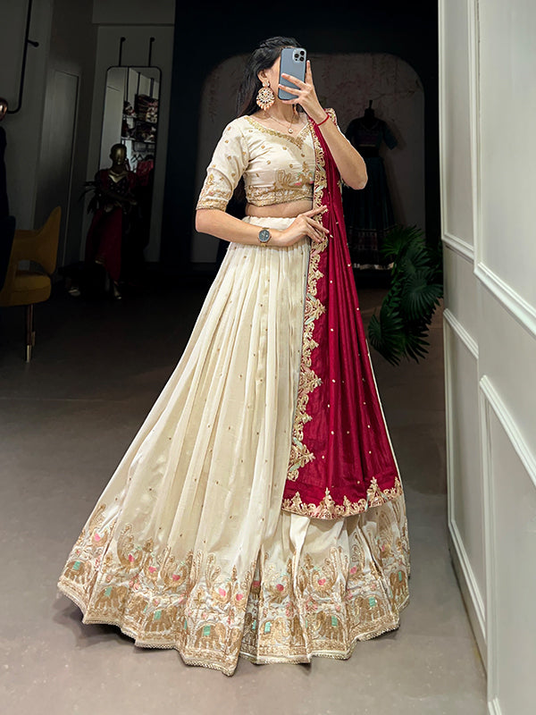 Off White Vichitra Silk With Sequins Embroidered Lehenga Choli