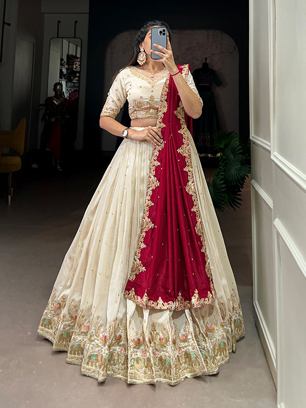 Off White Vichitra Silk With Sequins Embroidered Lehenga Choli