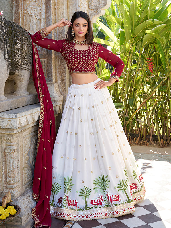 White Georgette Sequins Work Lehenga Choli With Dupatta