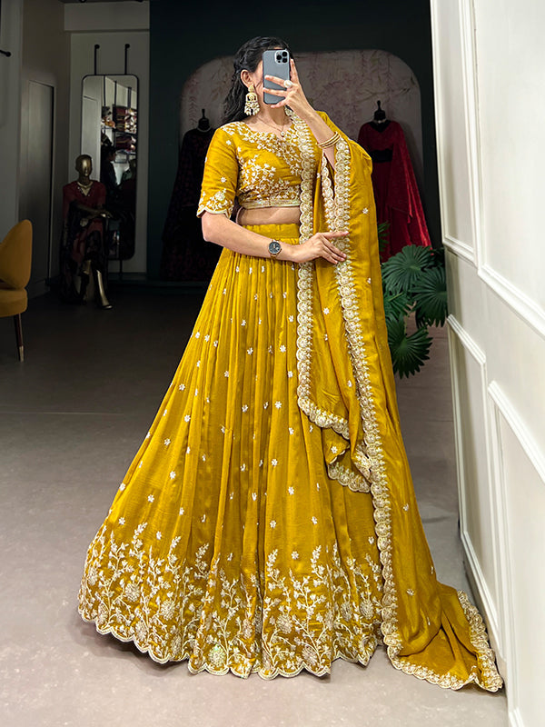 Mustard Vichitra Silk Sequins Work Lehenga Choli With Dupatta