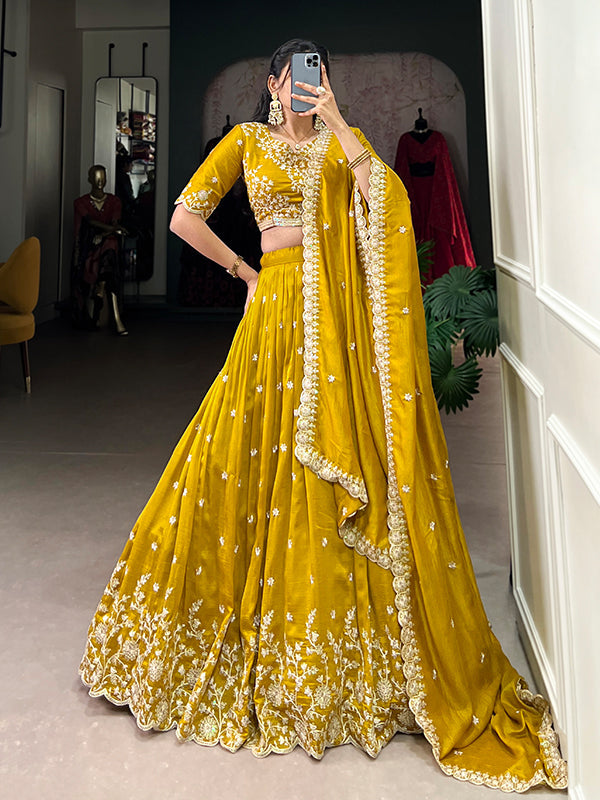 Mustard Vichitra Silk Sequins Work Lehenga Choli With Dupatta