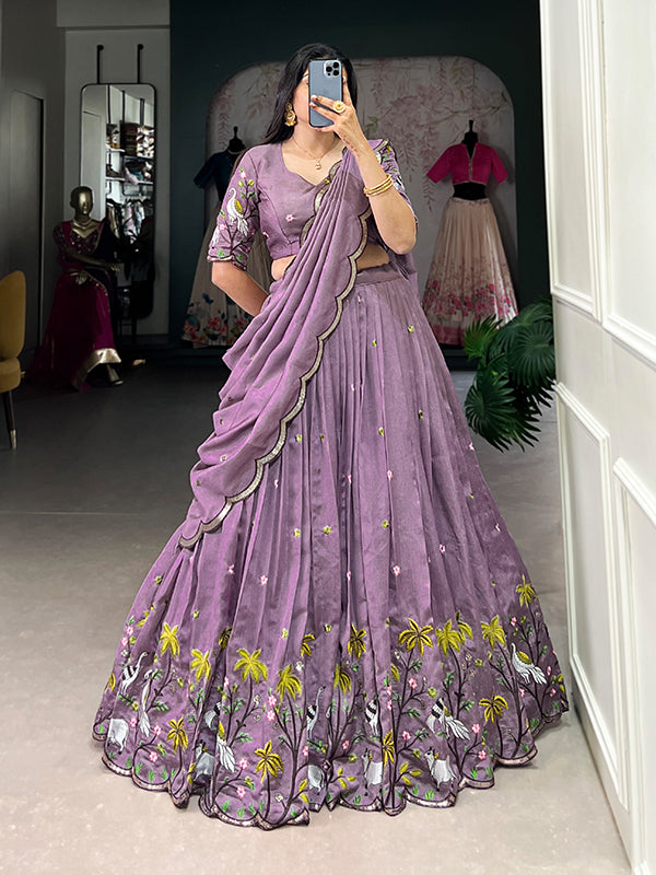 Lavender Sequins Work Vichitra Simmer Lehenga Choli With Dupatta