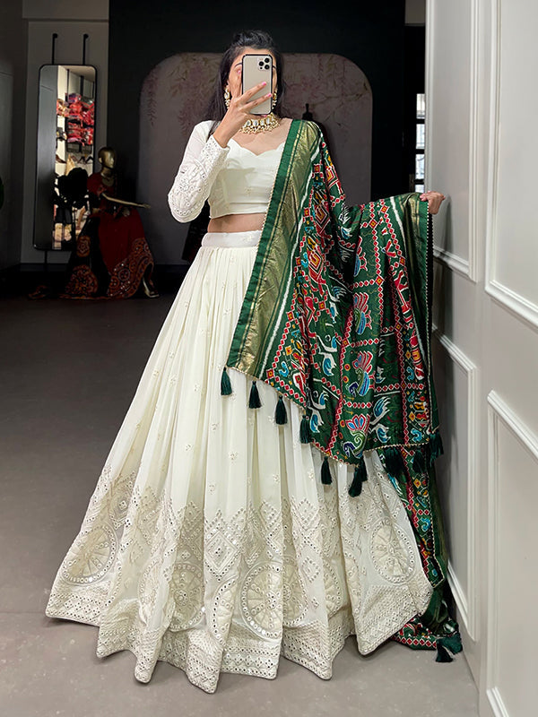 White Georgette With Lucknowi Paper Mirror Work Lehenga Choli