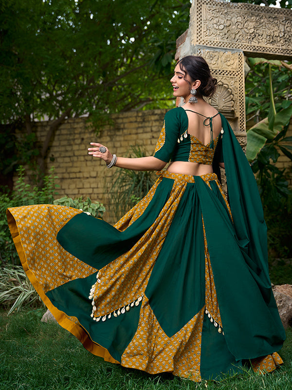 Bottel Green Pure Cotton Kodi Work Lehenga Choli With Dupatta