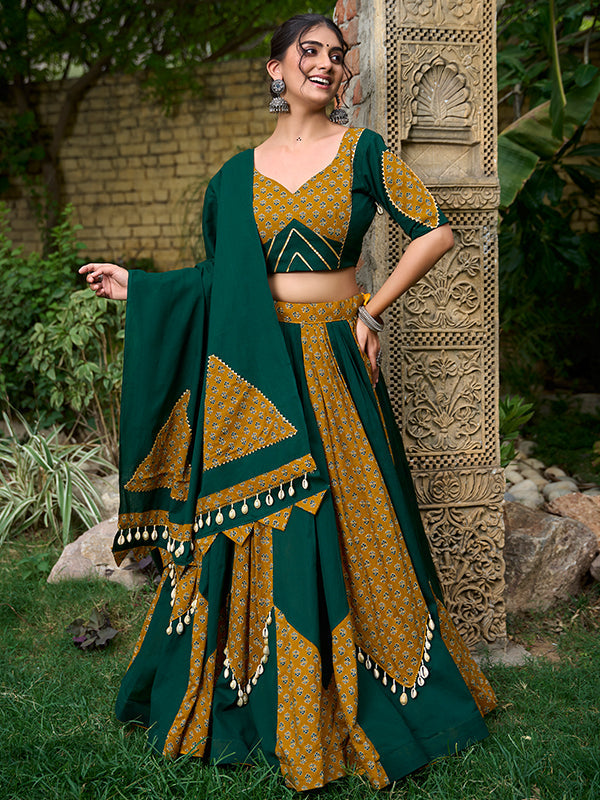 Bottel Green Pure Cotton Kodi Work Lehenga Choli With Dupatta