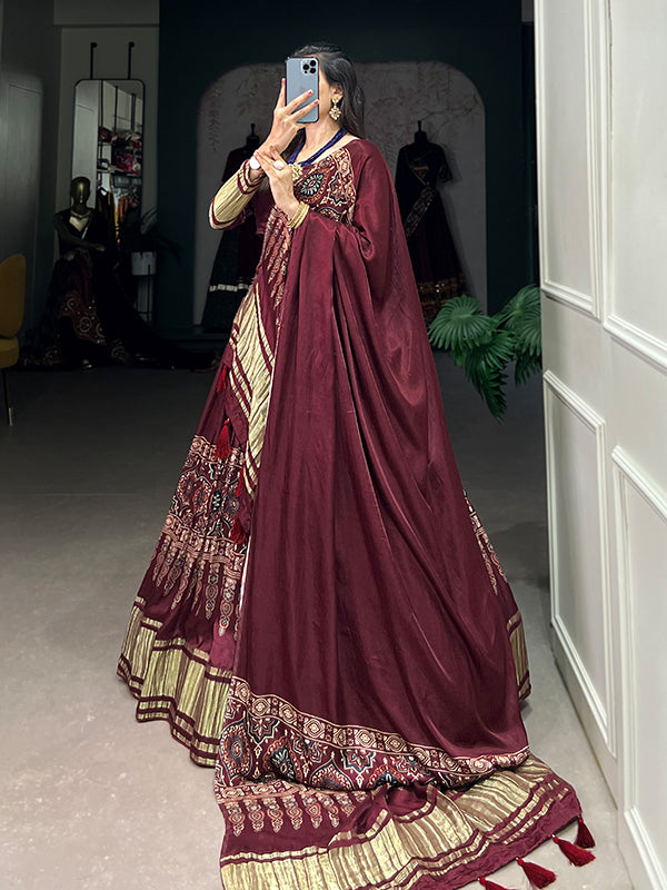 Maroon Gaji Silk Printed With Lagdi Patta Lehenga Choli With Dupatta