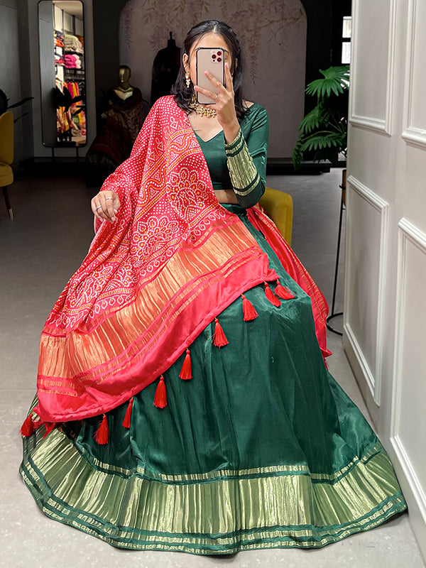 Green Gaji Silk With Lagdi Patta Lehenga Choli With Dupatta