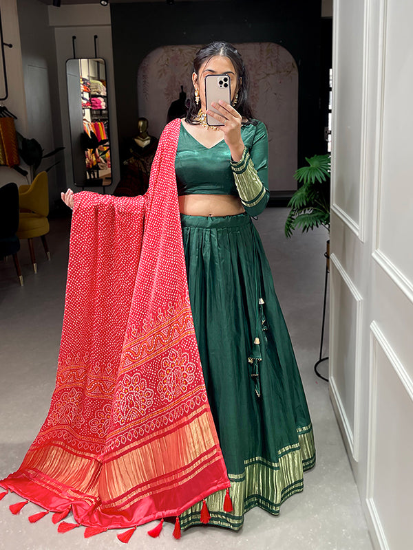 Green Gaji Silk With Lagdi Patta Lehenga Choli With Dupatta