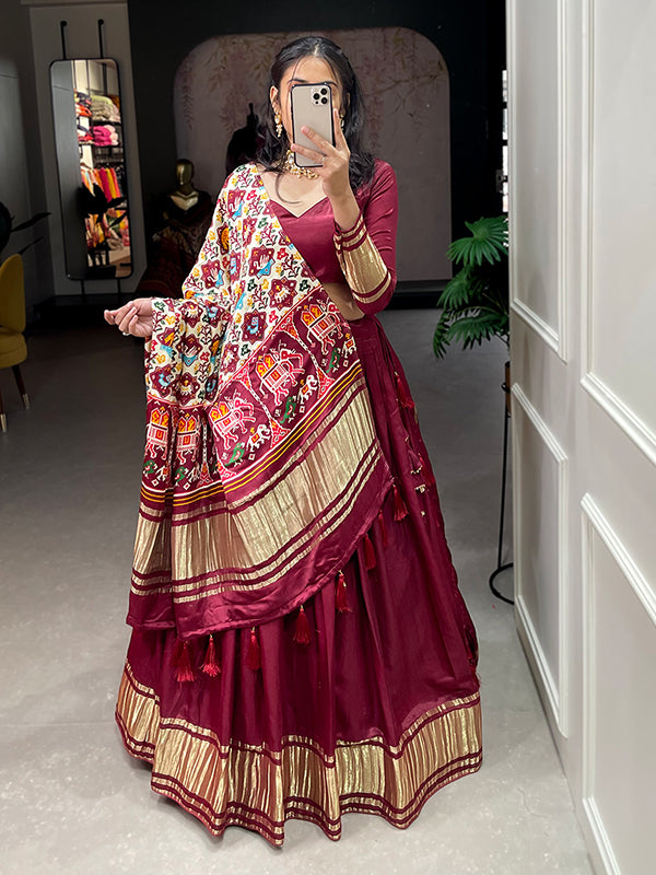 Maroon Gaji Silk With Lagdi Patta Lehenga Choli With Dupatta