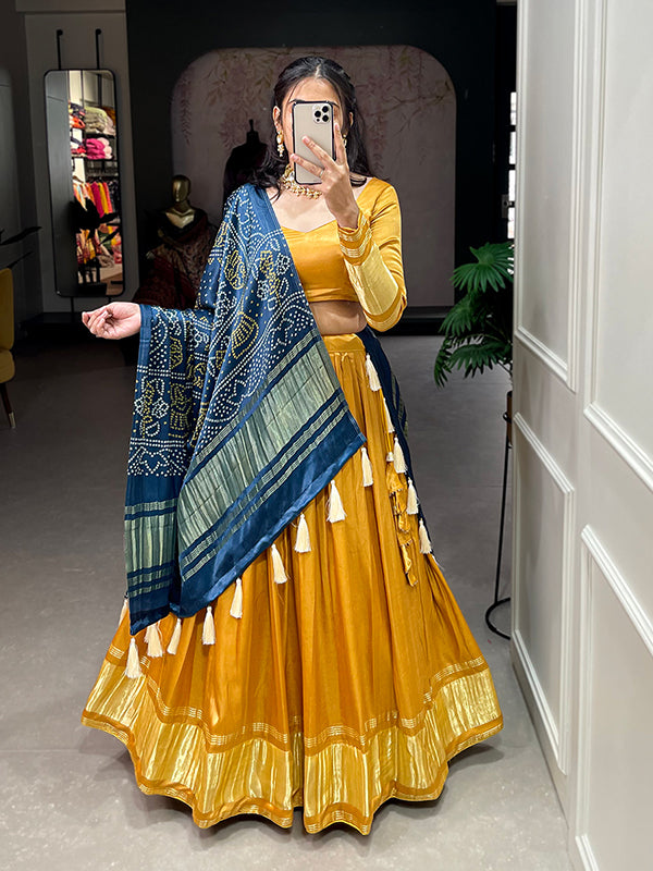 Mustard Gaji Silk With Lagdi Patta Lehenga Choli With Dupatta