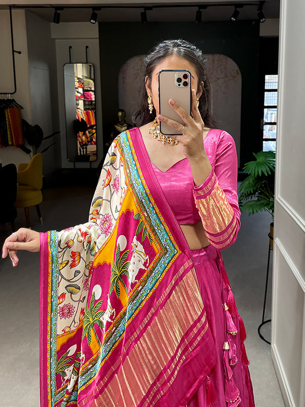 Pink Gaji Silk With Lagdi Patta Lehenga Choli With Dupatta