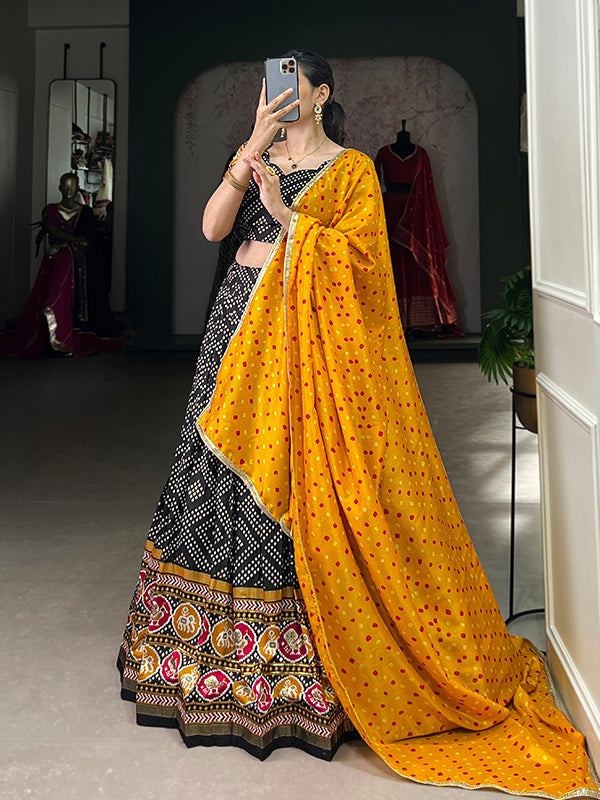 Black Tussar Silk Printed Lehenga Choli With Dupatta