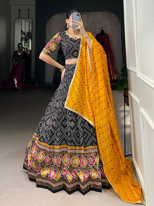 Black Tussar Silk Printed Lehenga Choli With Dupatta