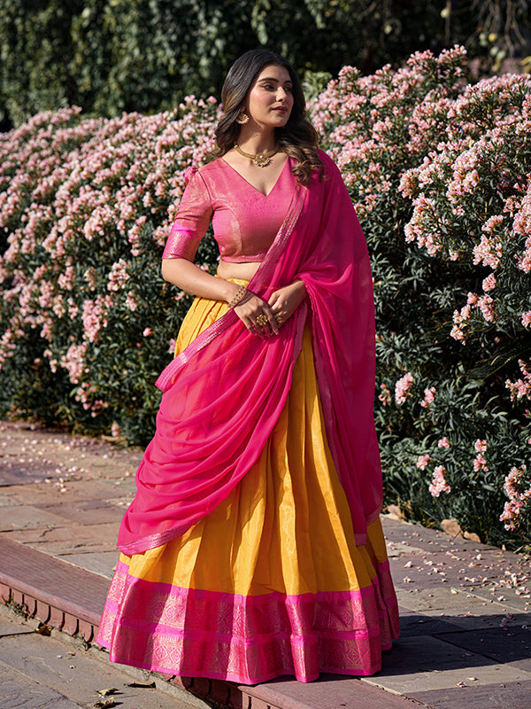 Mustard & Pink Kanchipuram Lehenga with Georgette Dupatta