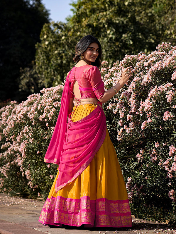 Mustard & Pink Kanchipuram Lehenga with Georgette Dupatta