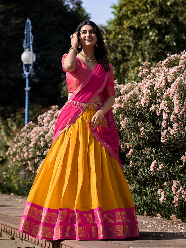 Mustard & Pink Kanchipuram Lehenga with Georgette Dupatta