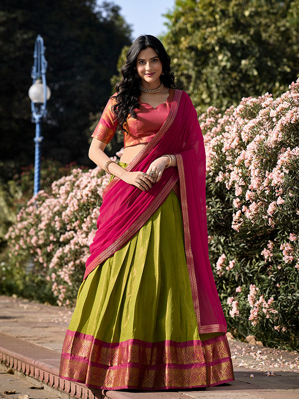 Parrot Green Kanchipuram Lehenga with Georgette Dupatta